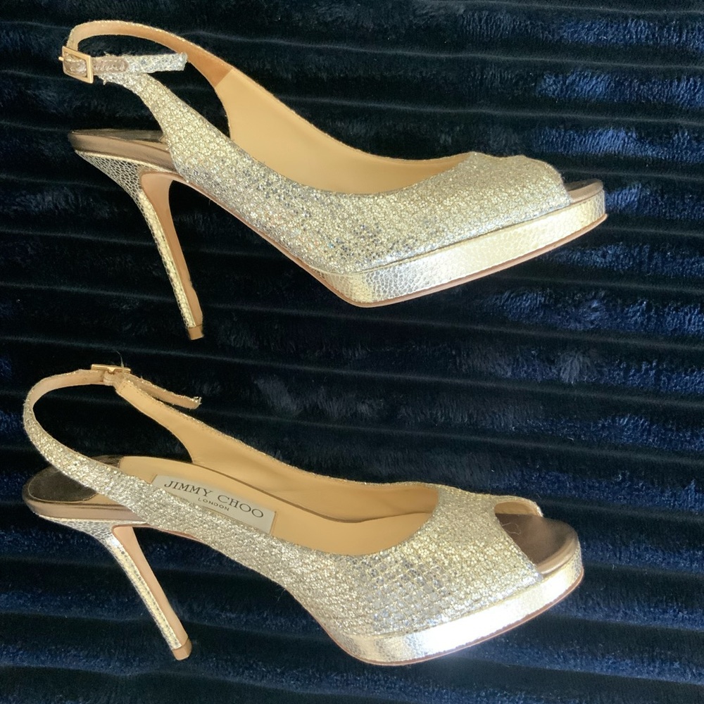 Jimmy Choo Silver and Gold Peep-Toe Slingback Heels